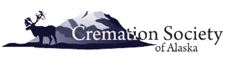A logo for the cremation society of Alaska with a mountain in the background