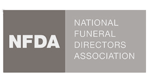 The logo for the national funeral directors association is gray and white.