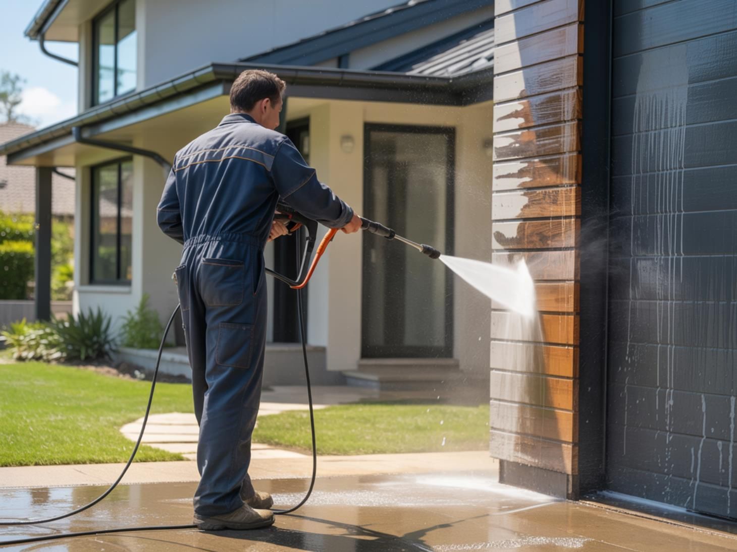 A man is using a high pressure washer to clean a wooden deck.