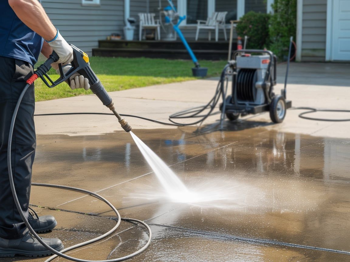 Man power washing a wet concrete driveway with a pressure washer; house in background.
