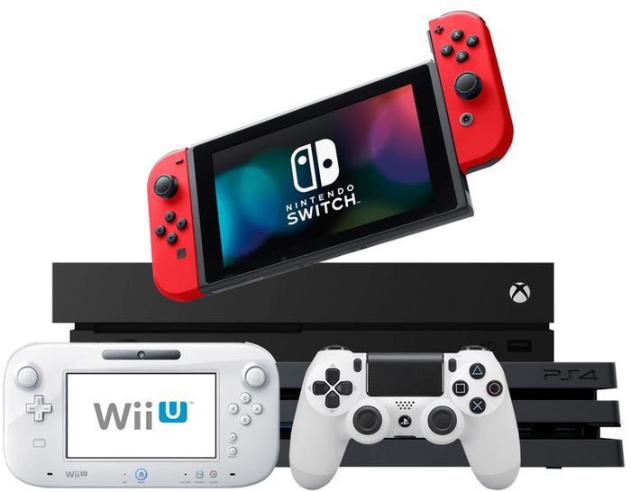 A nintendo switch is sitting on top of an xbox one x and a wii u controller.