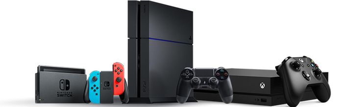 A group of video game consoles including a nintendo switch , xbox one , and ps4.