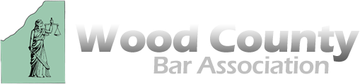 A logo for wood county bar association with a statue of a man