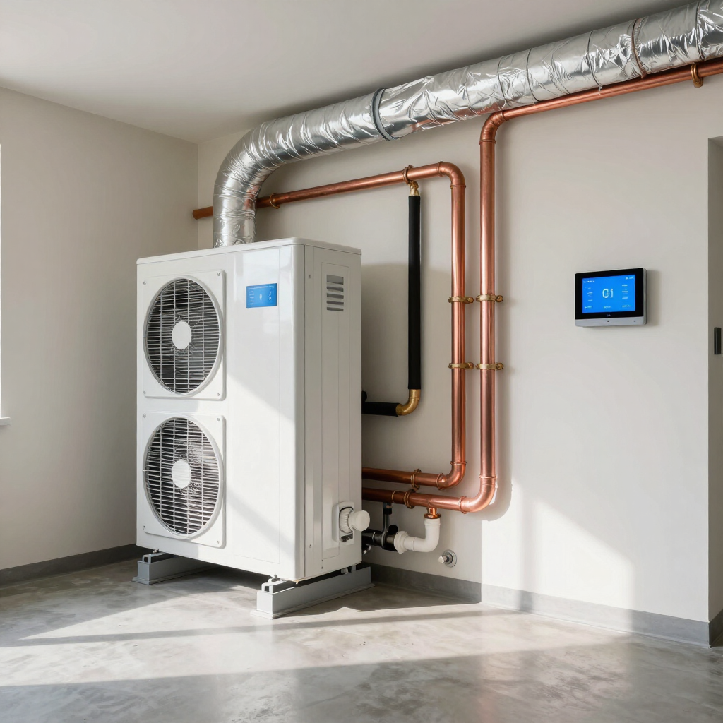 Modern heat pump unit with copper pipes and wall thermostat in a clean utility room