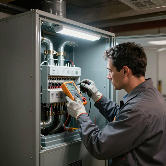 Technician testing electrical panels with a digital multimeter in an open metal cabinet