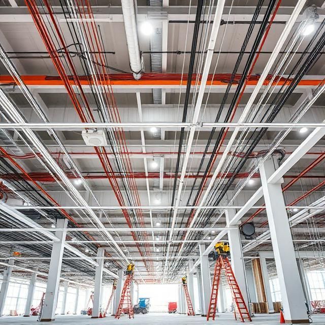 Large unfinished industrial interior with exposed ceiling pipes, red ladders, and bright white columns