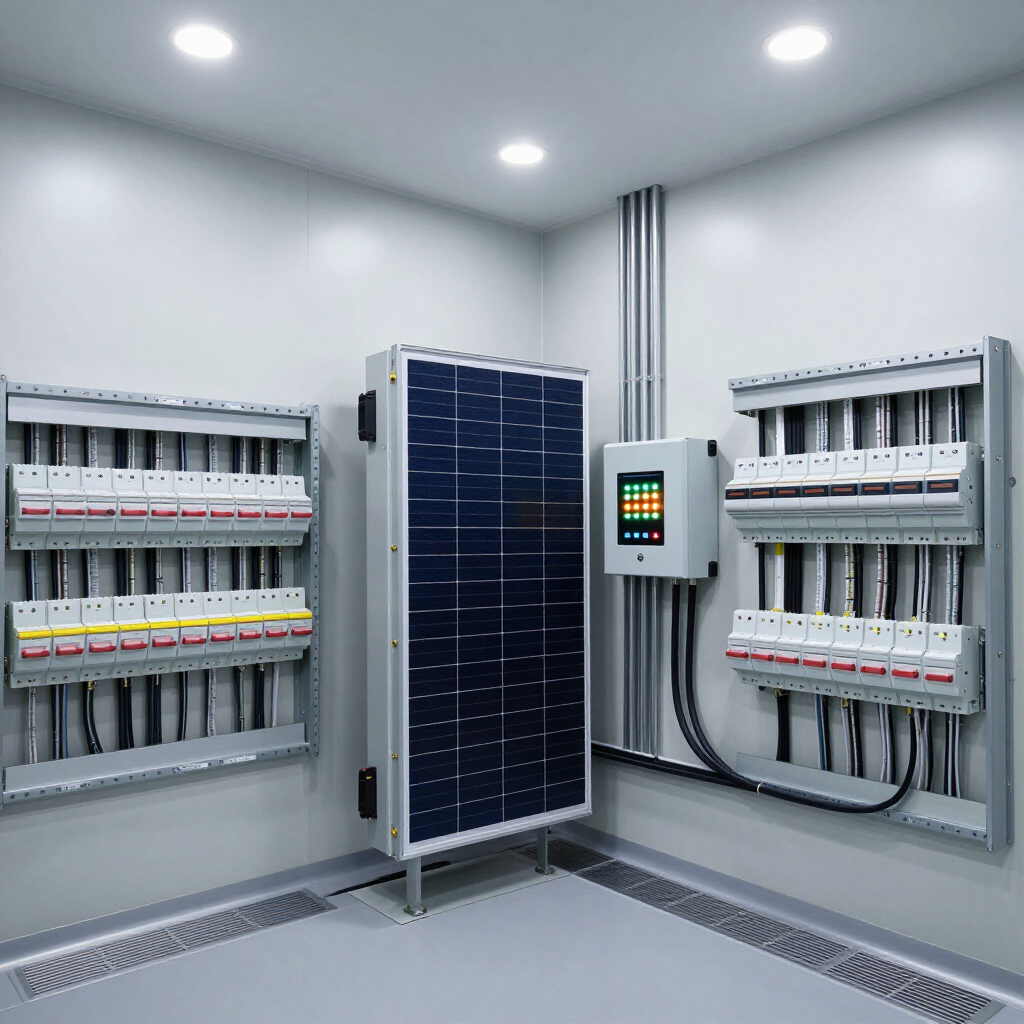 Electrical control room with wall-mounted breaker panels, central solar inverter, and bright overhead lights