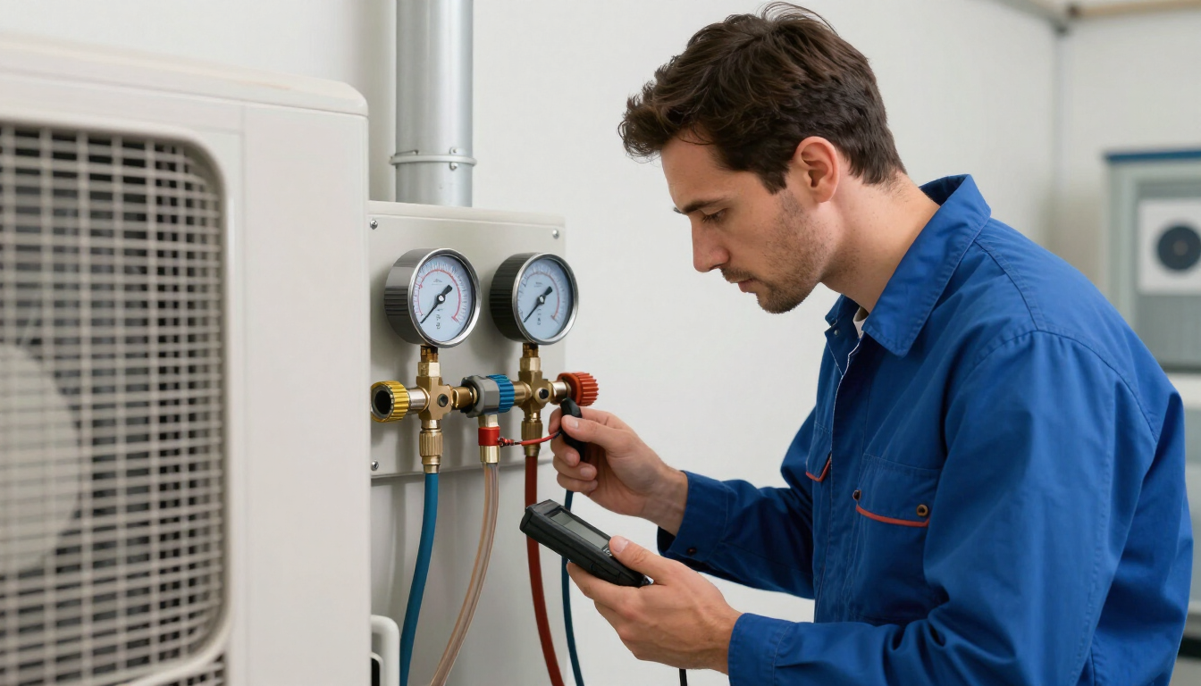 Technician inspecting HVAC unit gauges and valves with a handheld device in a mechanical room