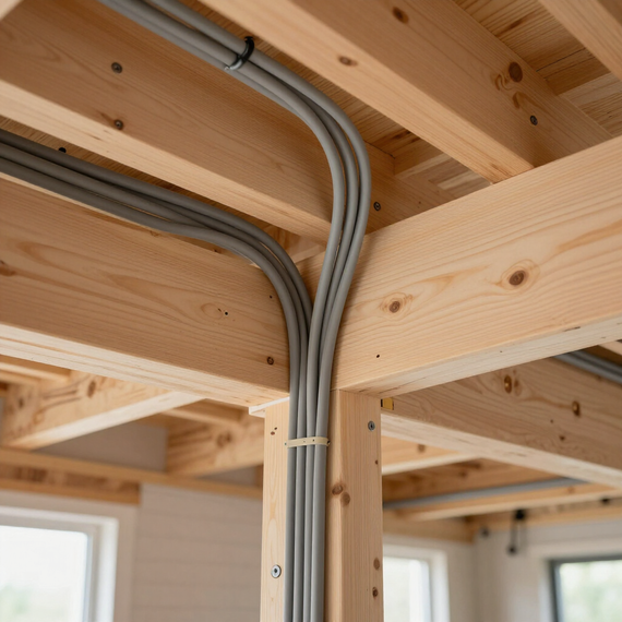 Gray electrical cables run along exposed wooden beams in a framed interior ceiling.