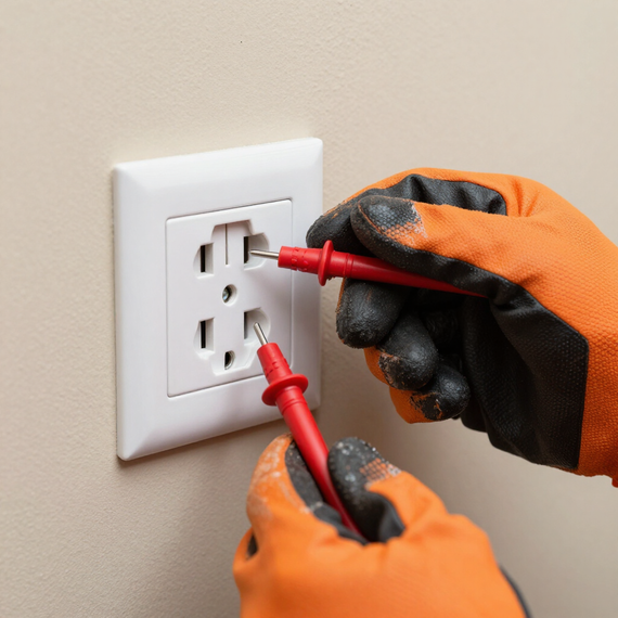 Gloved hands testing a white wall electrical outlet with red probes
