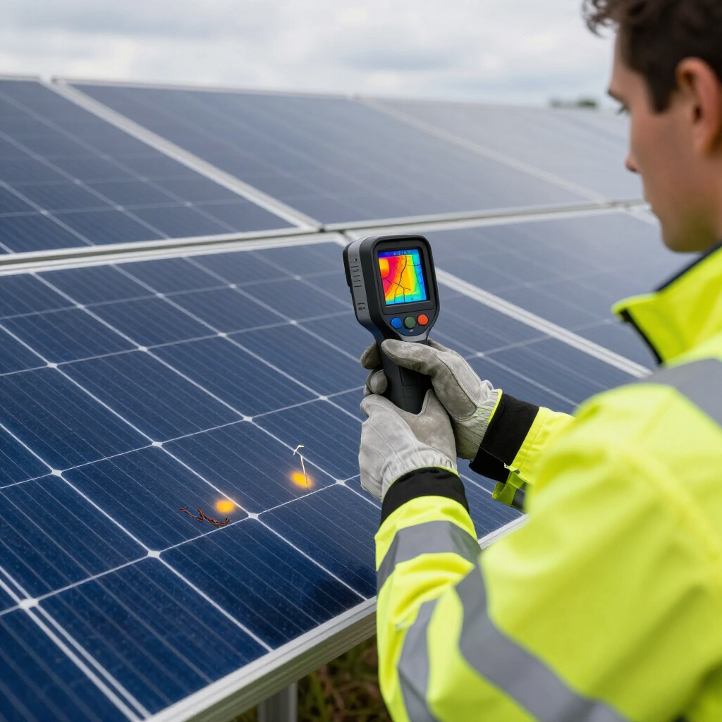 Technician in yellow jacket uses thermal camera to inspect solar panels