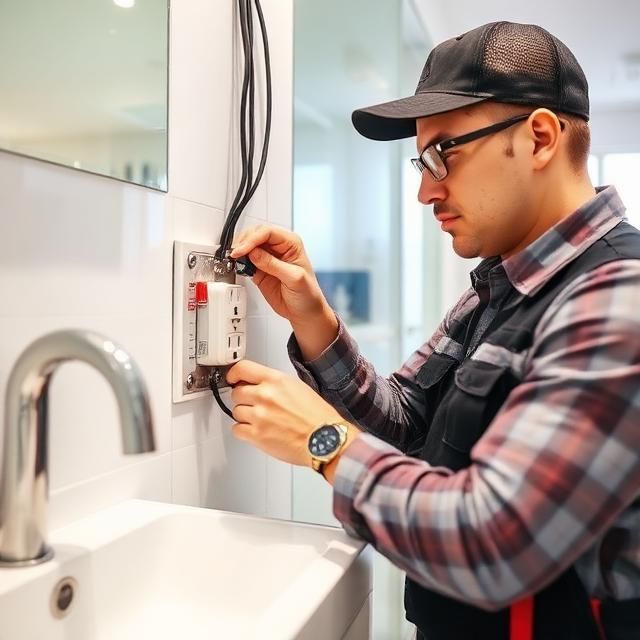 Technician adjusting a wall-mounted electrical panel in a bright bathroom￼