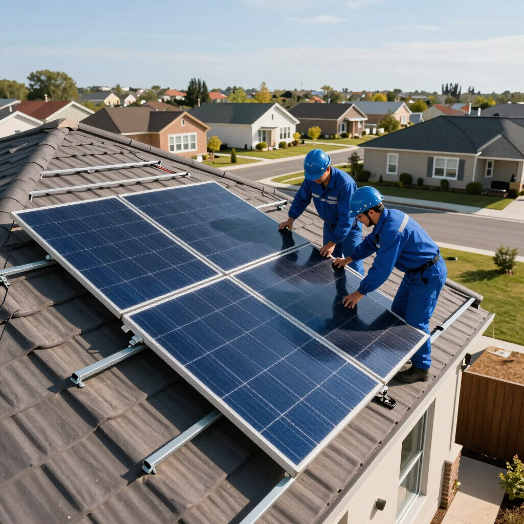 Two workers installing solar panels on a residential roof in a suburban neighborhood