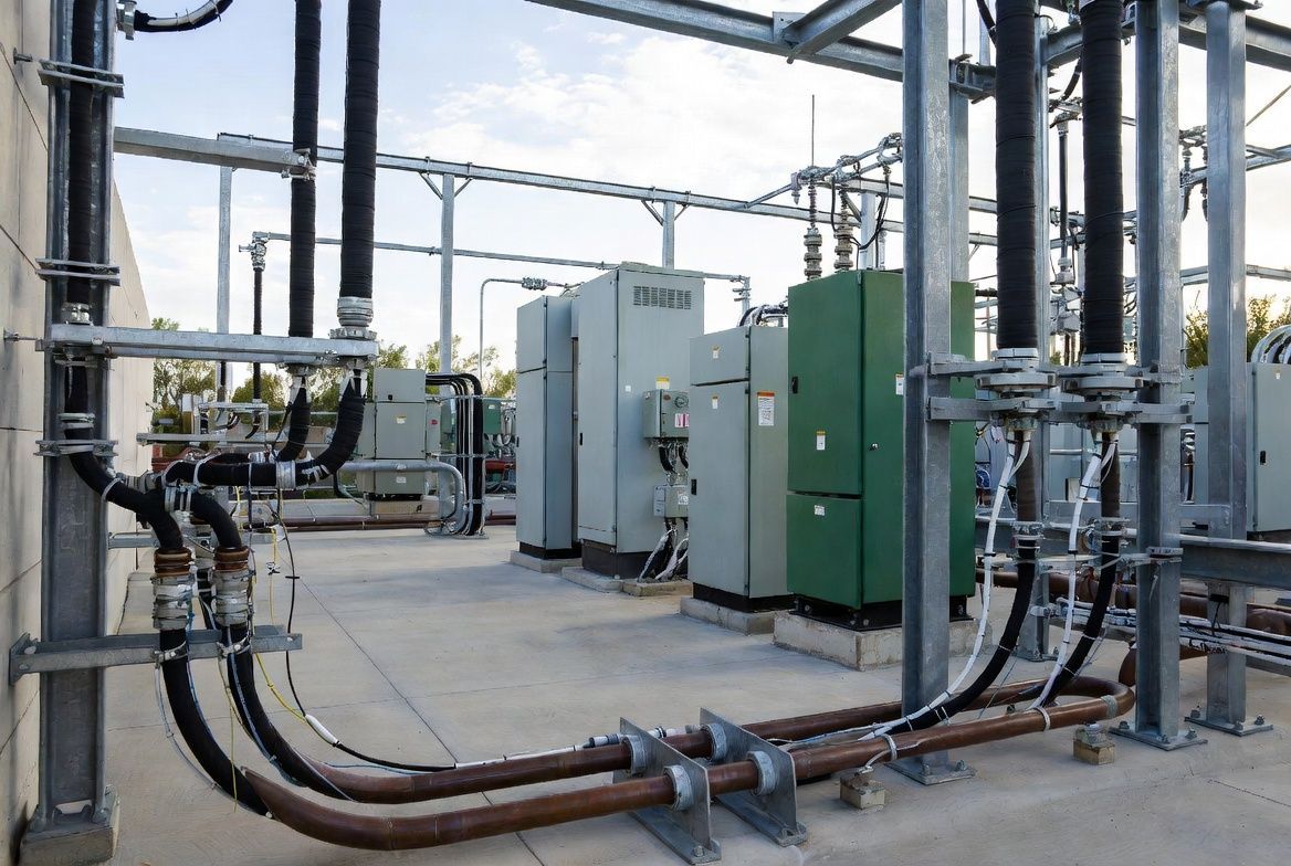 Industrial electrical substation with metal pipes, cables, and green-gray equipment outdoors