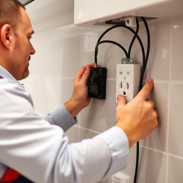 Technician adjusting wall-mounted electrical controls in a tiled utility room