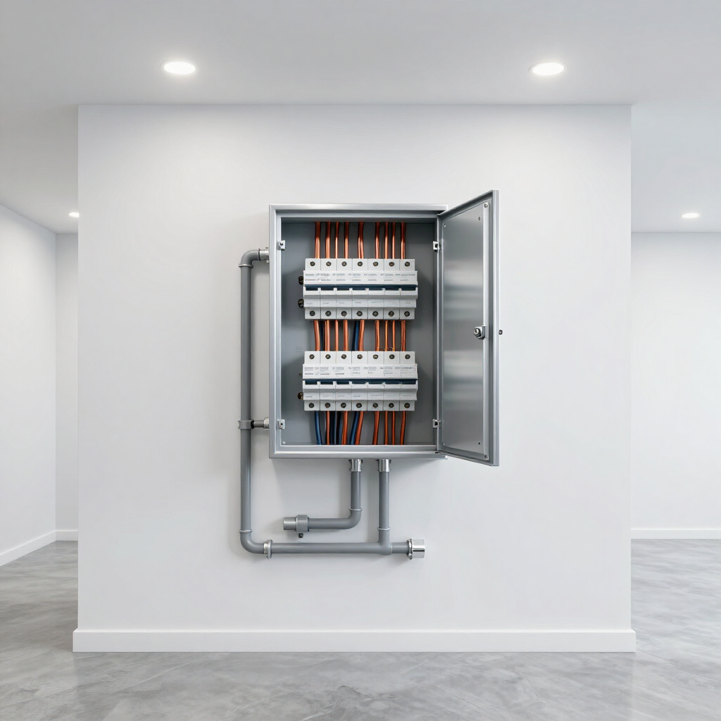 Open electrical panel with circuit breakers on a white wall in a clean hallway