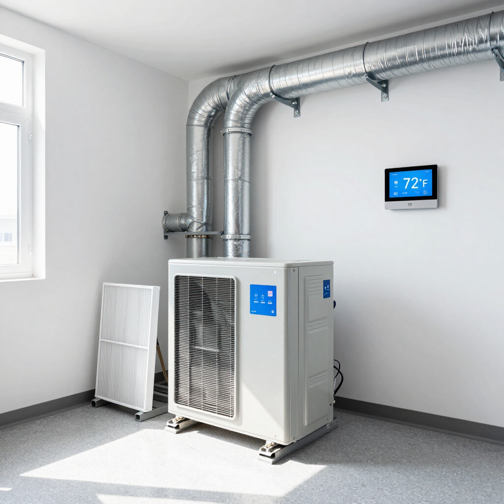 Basement HVAC unit with silver ductwork and wall thermostat in a clean utility room