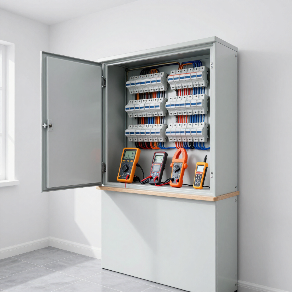 Open electrical control cabinet with labeled breakers and testing devices in a white room