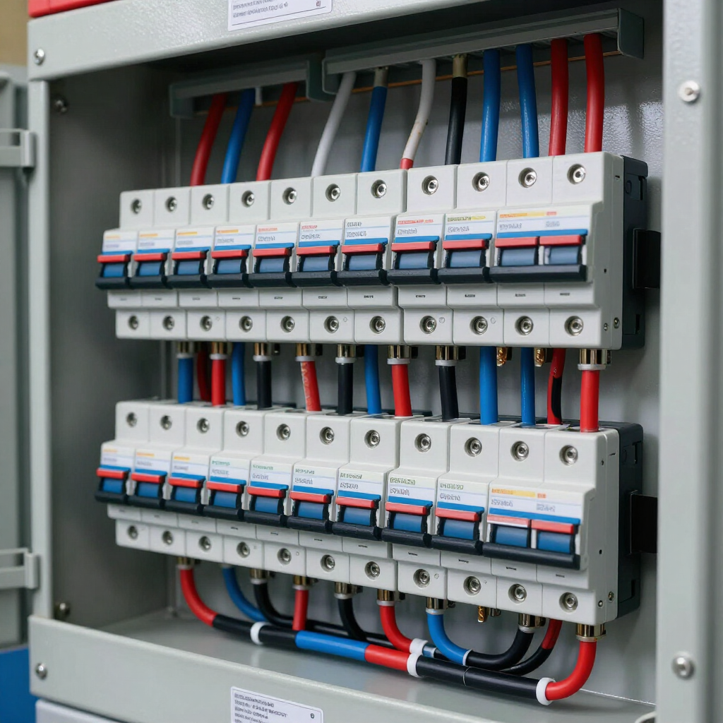 Electrical panel with rows of circuit breakers and red, blue, and black wiring