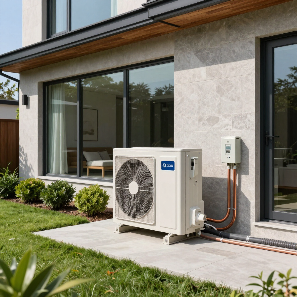 Outdoor HVAC heat pump beside a modern house with sliding glass doors and a small lawn