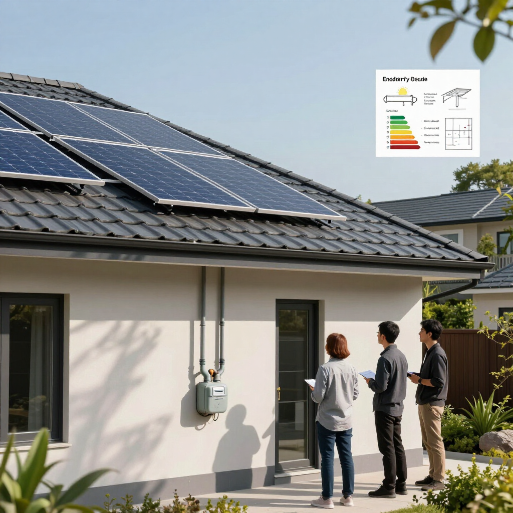 Three people standing beside a house with rooftop solar panels and an energy-efficiency label.