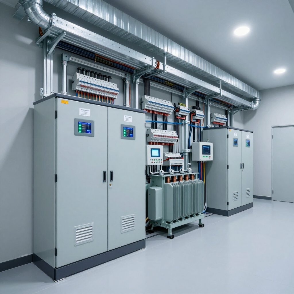 Modern electrical control room with gray cabinets, panels, wiring, and overhead ducting