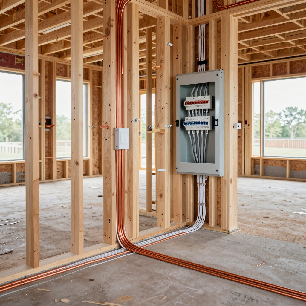 Unfinished house framing with an electrical panel and wiring installed on a concrete floor.