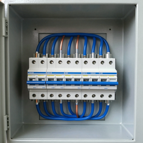 Electrical breaker panel with blue and orange wires inside a metal enclosure