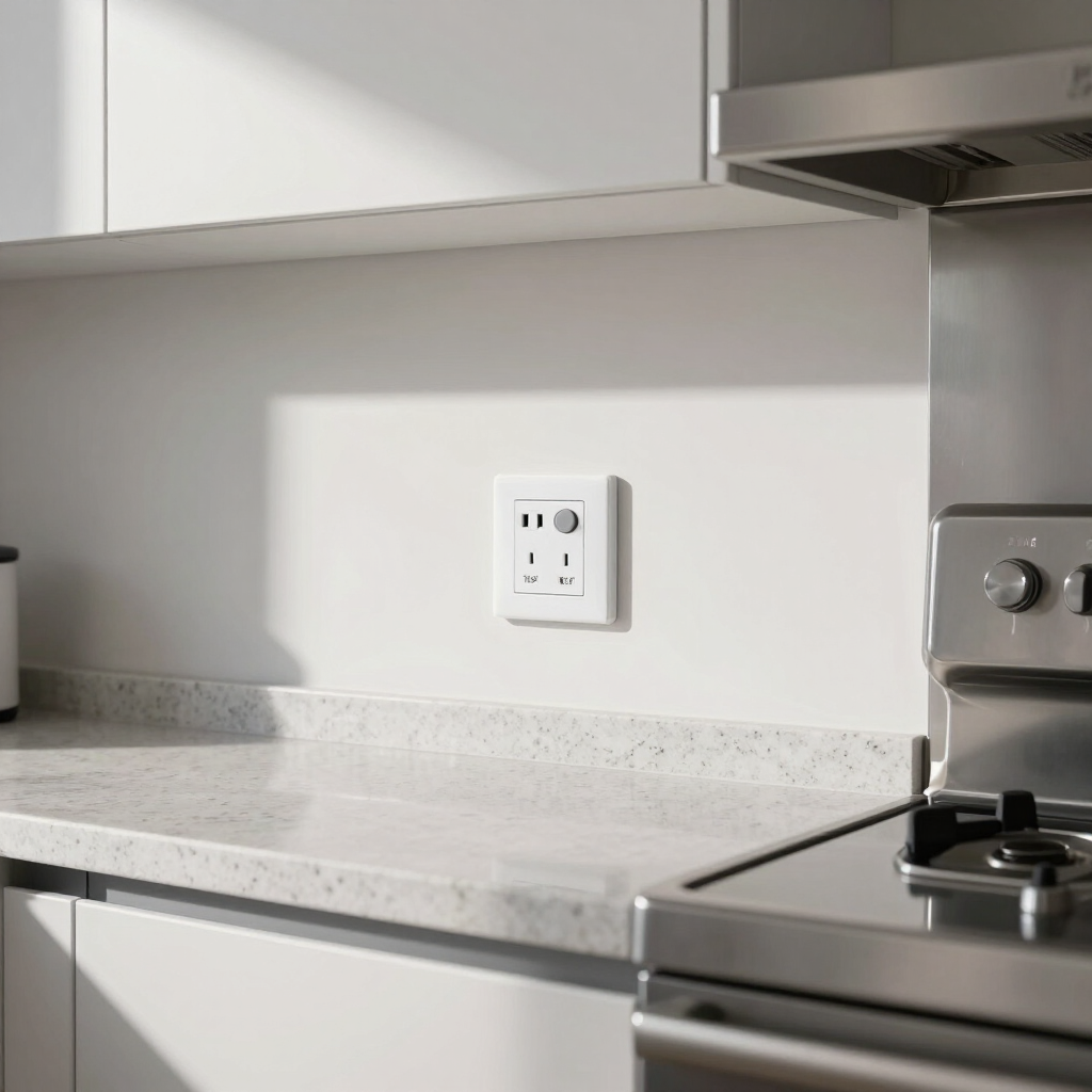 Modern kitchen countertop with white backsplash, wall outlet, and stainless steel stove on the right