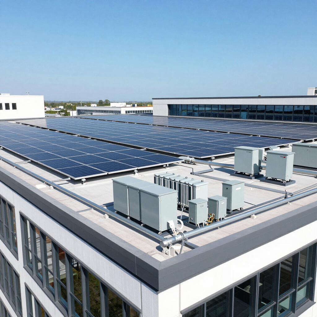 Rooftop solar panels atop a modern building with HVAC units under a clear blue sky