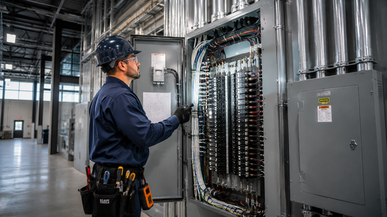 Technician inspecting electrical control panels in an industrial facility