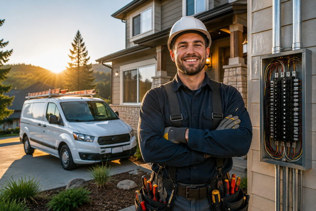 Smiling utility worker in hard hat stands beside service van at a house, with electrical panel visible.