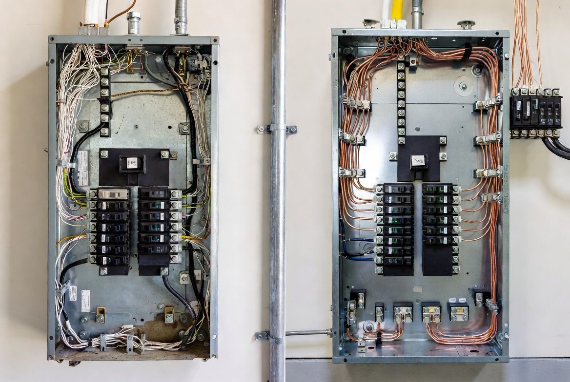 Two open electrical breaker panels with exposed wiring, one older and one with copper wiring, mounted on a wall