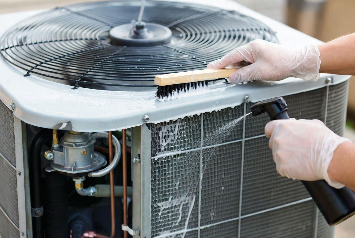 Technician cleaning an outdoor air conditioner unit with a brush