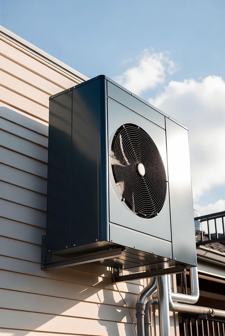 Outdoor wall-mounted air conditioning unit on a building exterior, with a large fan grille and metal piping.