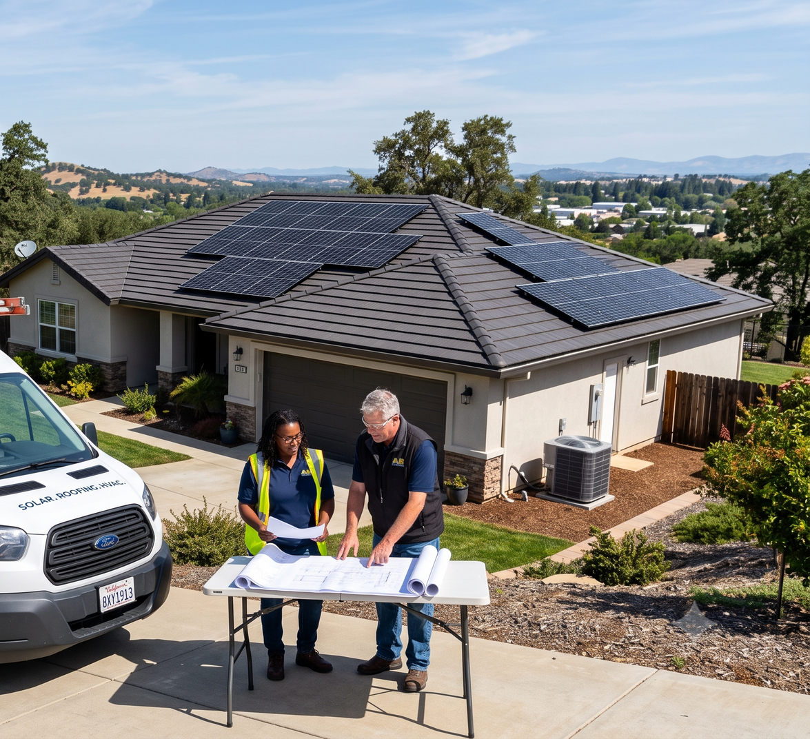 Two people reviewing plans beside a solar-panelled house and work van in a suburban neighborhood