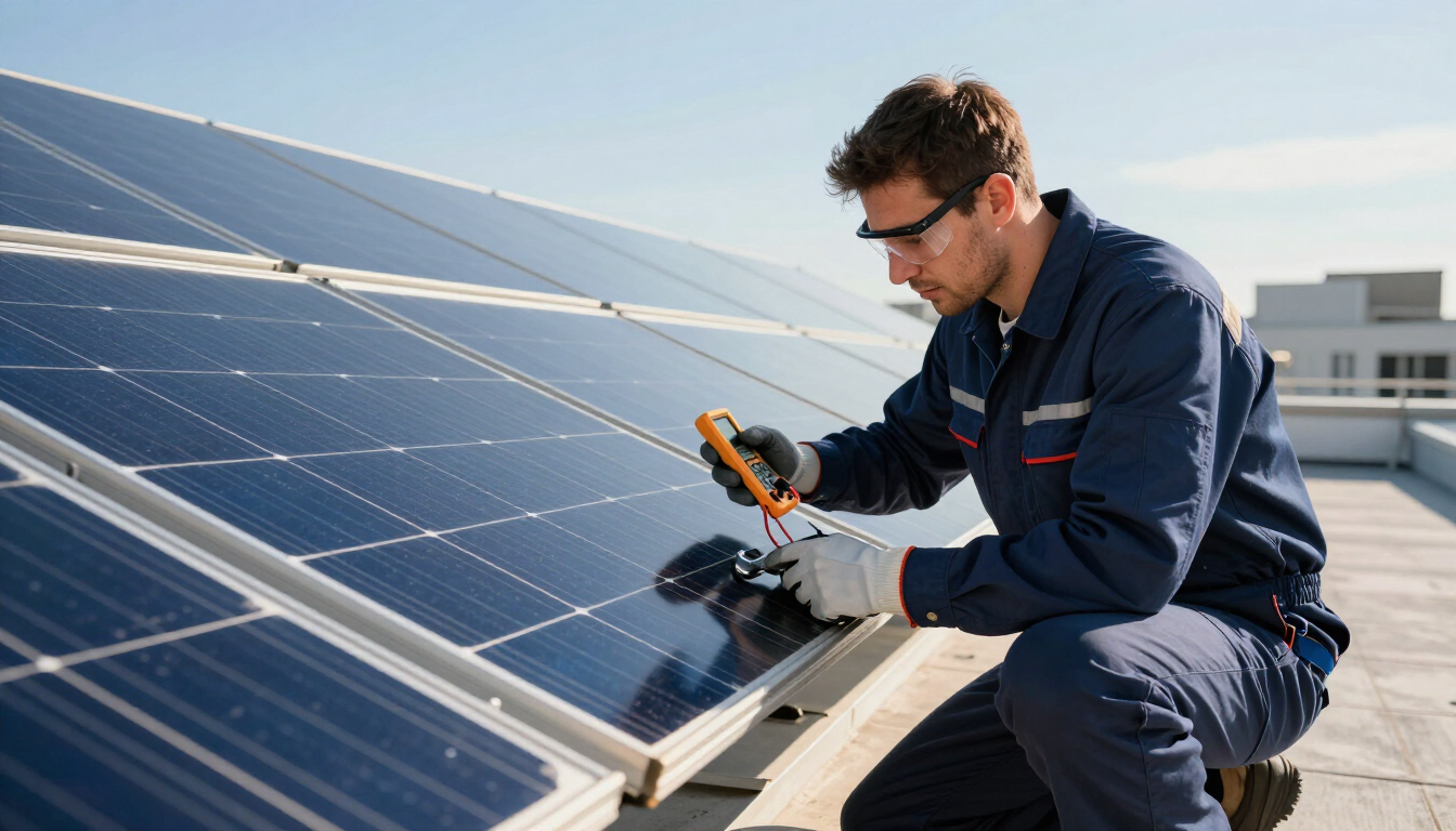 Technician inspecting rooftop solar panels with a multimeter under bright daylight