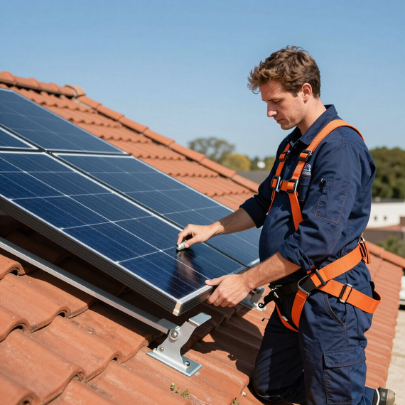 Technician installing solar panel on a red-tiled roof under a clear blue sky