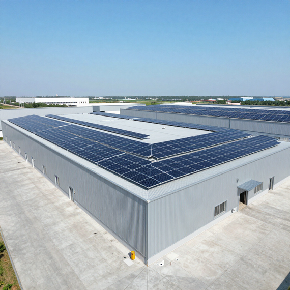 Aerial view of a large warehouse with a dark blue solar panel roof on a concrete site