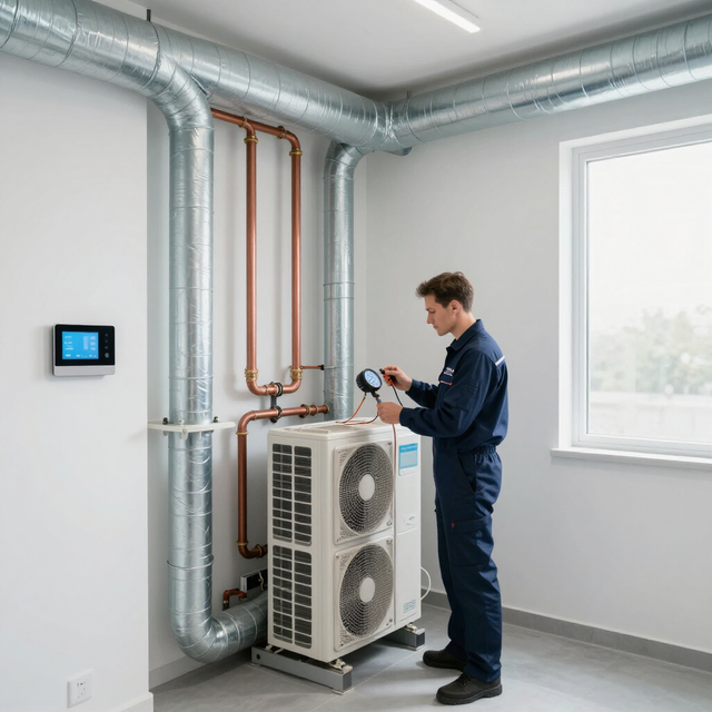Technician inspecting a heat pump unit in a bright utility room with exposed ductwork and pipes