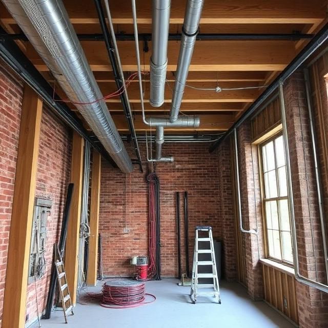 Empty industrial loft interior with exposed brick, ducts, windows, and a ladder on the floor