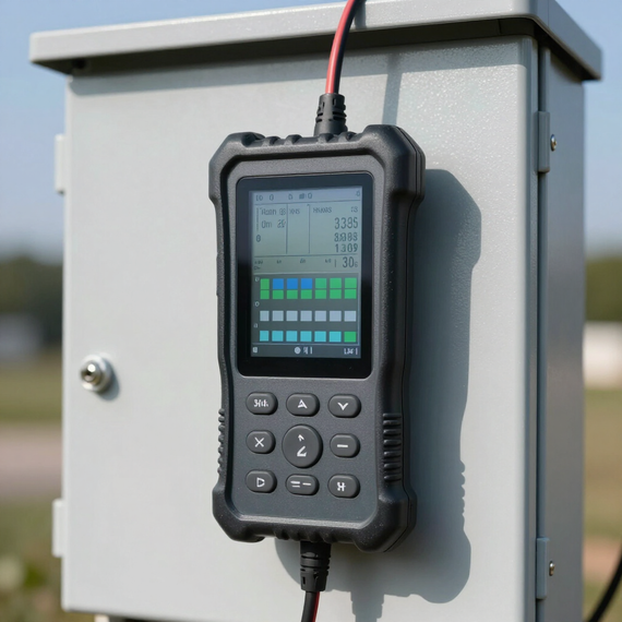 Handheld controller mounted on a gray metal box outdoors, with a small screen and buttons.