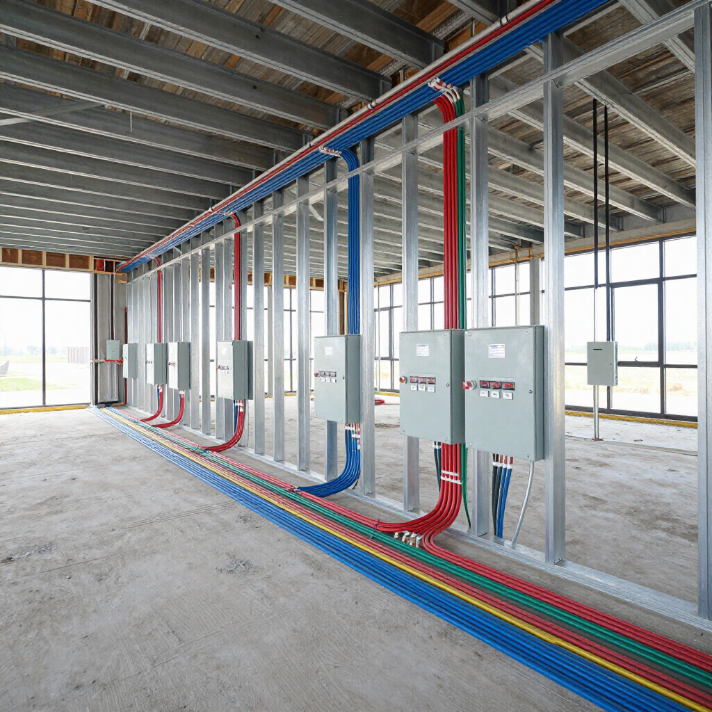 Interior of unfinished building with colorful electrical conduits running to wall-mounted panels