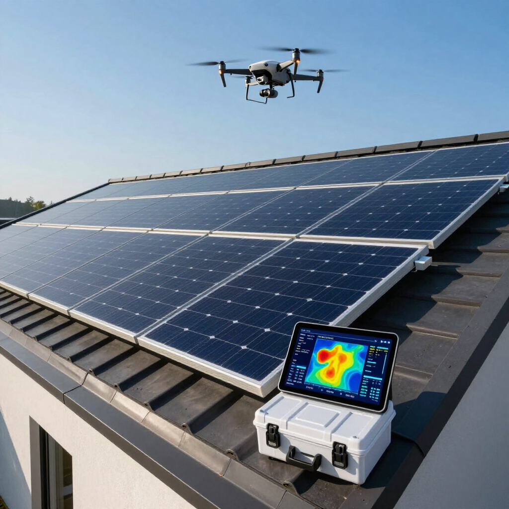 Drone inspecting rooftop solar panels with a thermal imaging screen in the foreground