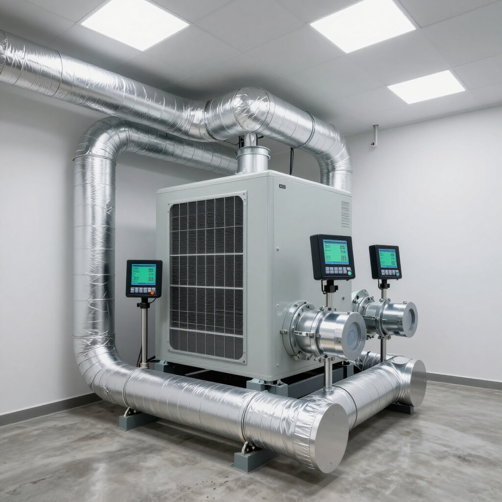 Industrial HVAC equipment with insulated silver ductwork and digital control panels in a clean utility room