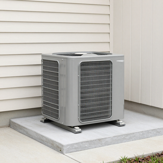 Outdoor HVAC condenser unit on a concrete pad beside a house wall