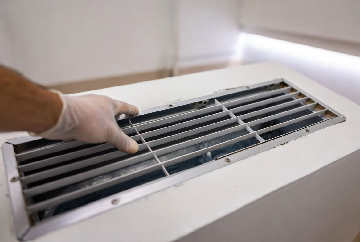 Gloved hand cleaning a gray air vent grille on a white wall