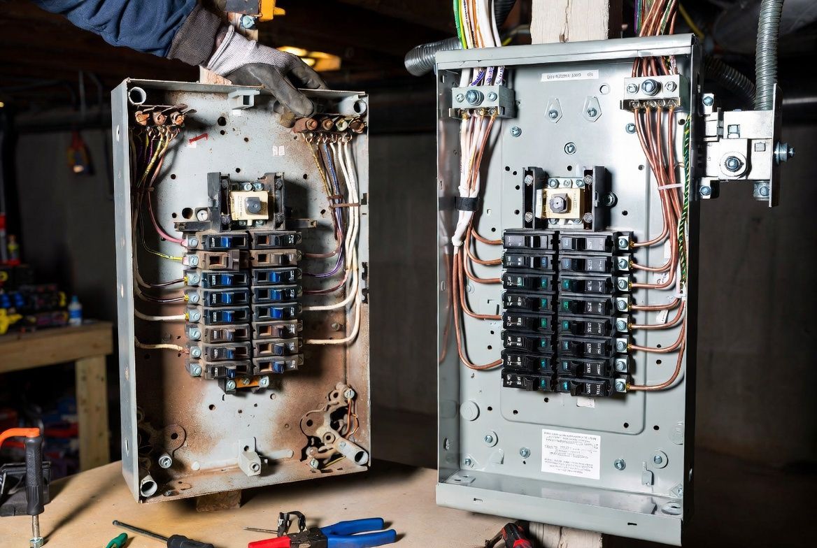 Open electrical panels with exposed wiring and circuit breakers on a workbench