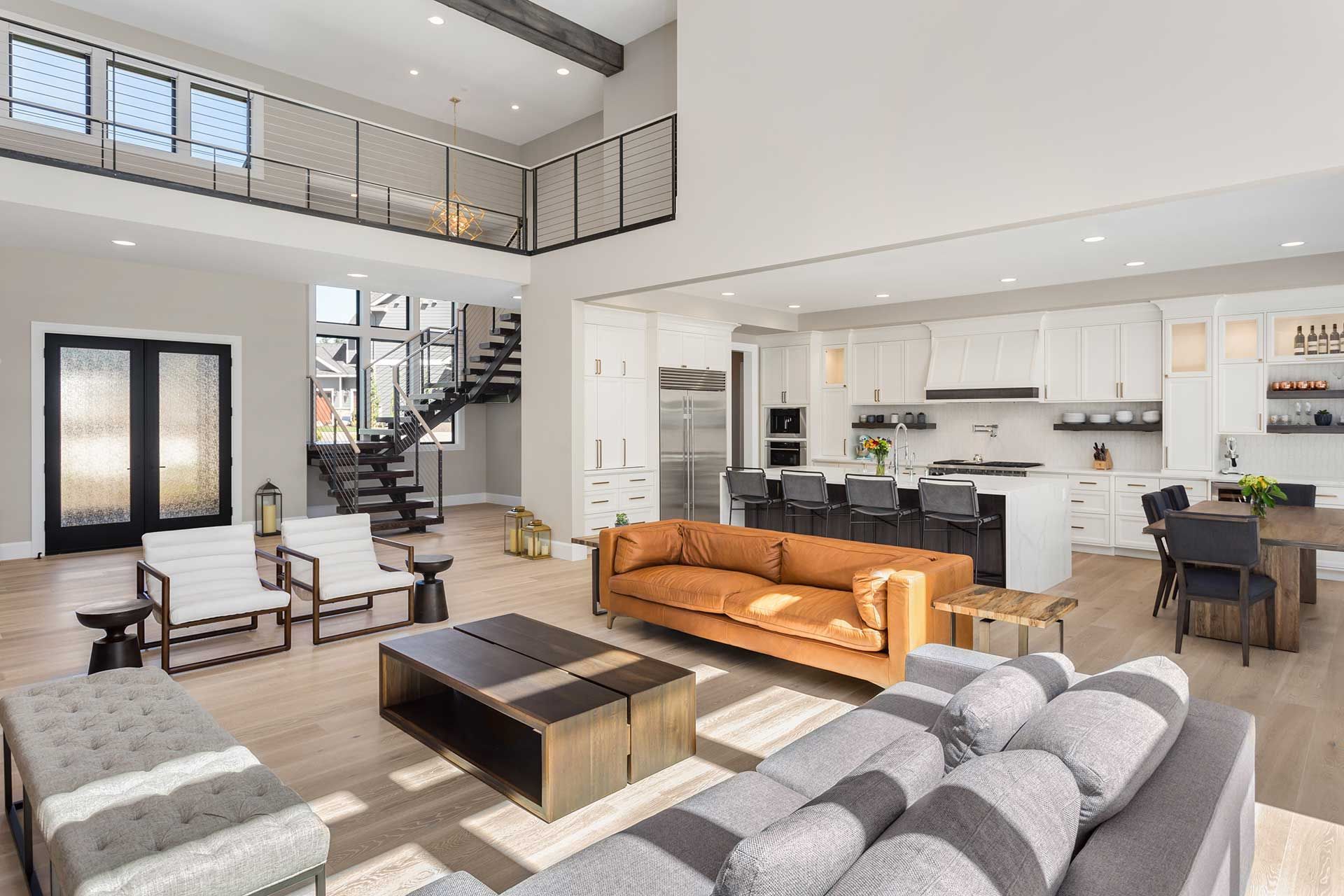 Beautiful living room interior in new luxury home with open concept floor plan