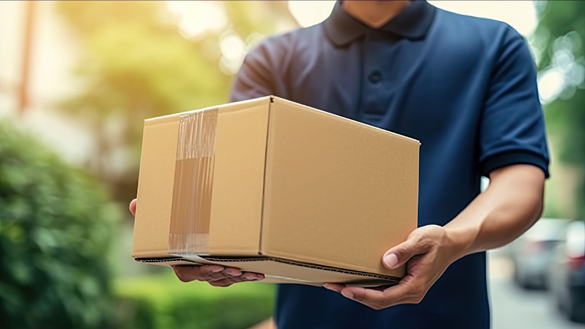 A delivery man is holding a cardboard box in his hands.